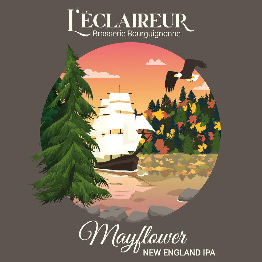 Illustration et étiquette Mayflower pour la brasserie l'Éclaireur